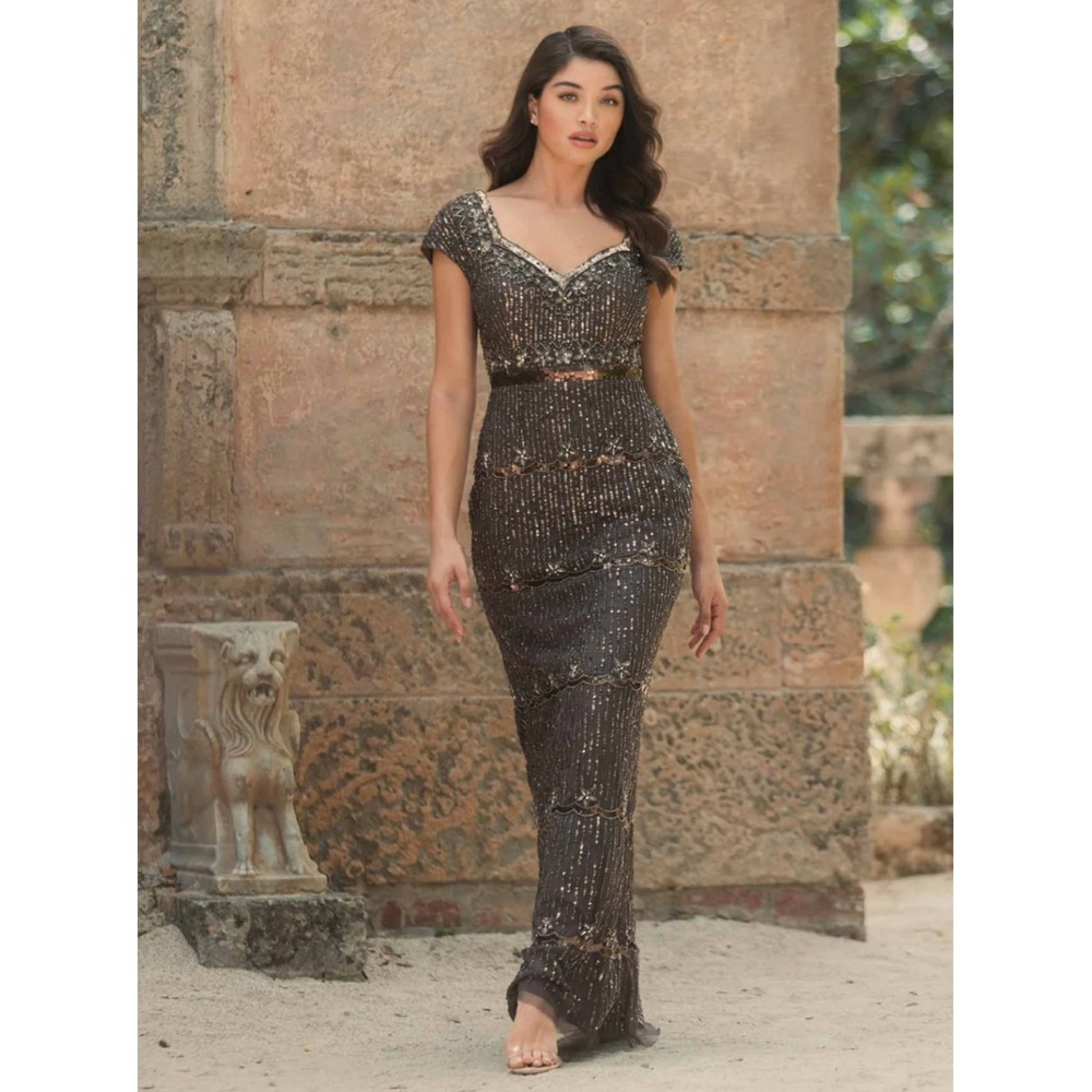 Mac Duggal Brown Sequin Cap Sleeve Sweetheart Column Gown
